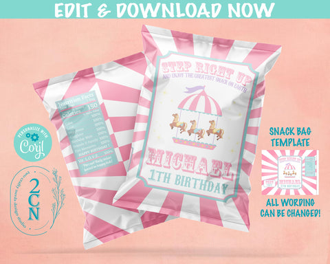 Circus Birthday Chips Bag, Carnival Party Popcorn Bag, 1oz Snack Bag | Editable Instant Download | Edit Online NOW Corjl | INSTANT ACCESS