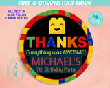 Building Blocks Birthday Thank You Round Label Party Birthday Label Tag | Editable Instant Download | Edit Online NOW Corjl | INSTANT ACCESS