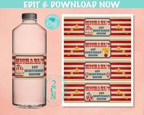 Circus Water Bottle Label, Carnival beverage label Vintage Circus Label | Editable Instant Download | Edit Online NOW Corjl | INSTANT ACCESS