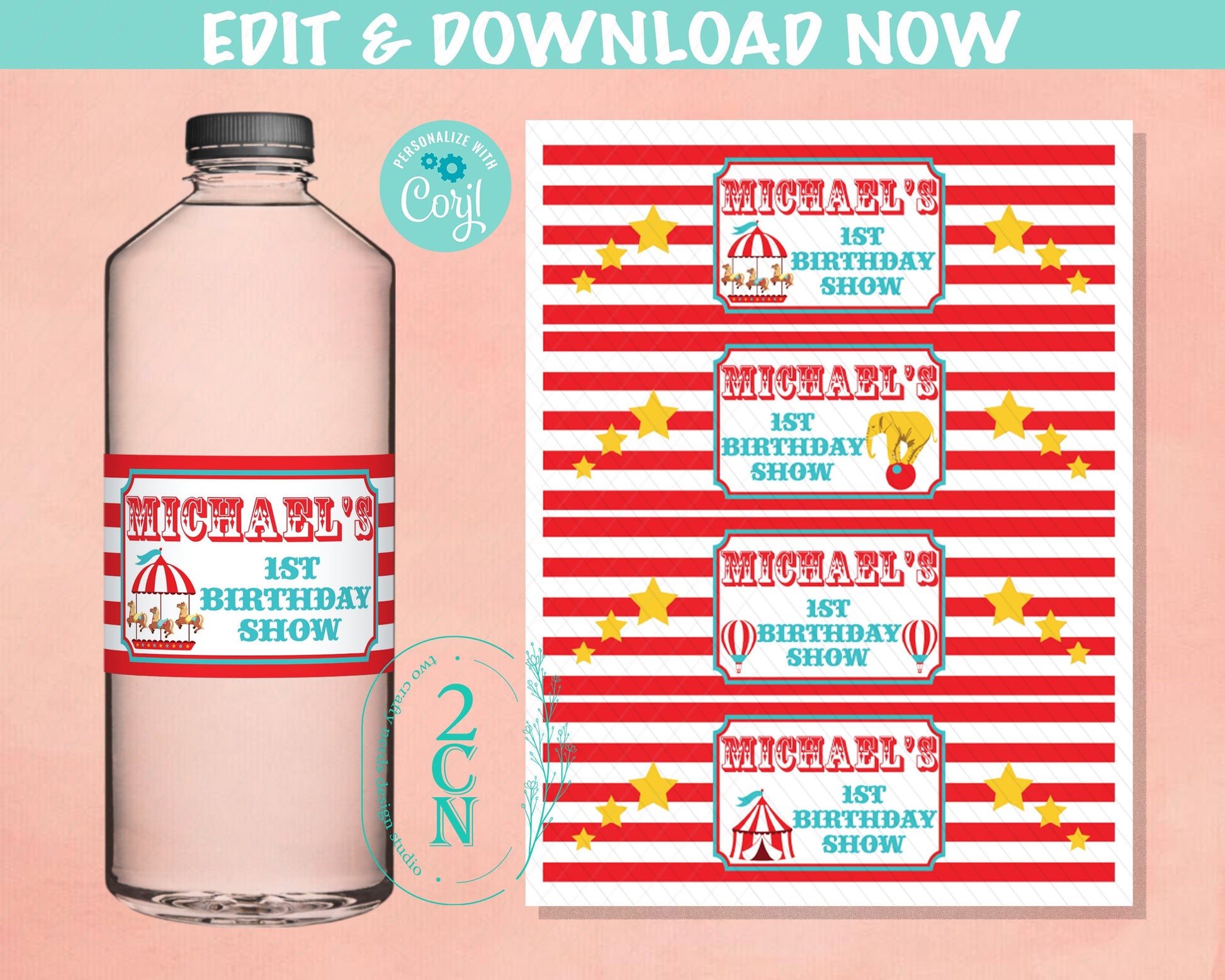Circus Water Bottle Label, Carnival beverage label, Circus Party Decor | Editable Instant Download | Edit Online NOW Corjl | INSTANT ACCESS