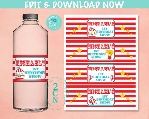 Circus Water Bottle Label, Carnival beverage label, Circus Party Decor | Editable Instant Download | Edit Online NOW Corjl | INSTANT ACCESS