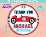 Retro Race Car Birthday Thank You Round Label, Vintage Racing Car Tag | Editable Instant Download | Edit Online NOW Corjl | INSTANT ACCESS