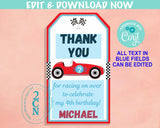 Retro Race Car Birthday Thank You Round Tag, Race Car Party Tag, Racing | Editable Instant Download | Edit Online NOW Corjl | INSTANT ACCESS