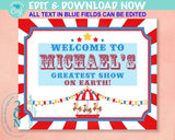 Carnival Circus Birthday Sign, Circus Birthday Welcome Sign Red Blue | Editable Instant Download | Edit Online NOW Corjl | INSTANT ACCESS