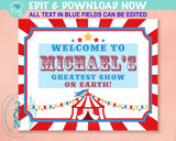 Carnival Circus Birthday Sign, Circus Birthday Welcome Sign Red Blue | Editable Instant Download | Edit Online NOW Corjl | INSTANT ACCESS