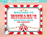 Carnival Circus Birthday Sign, Circus Birthday Welcome Sign Red Teal | Editable Instant Download | Edit Online NOW Corjl | INSTANT ACCESS