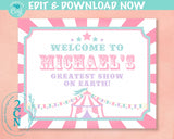 Carnival Circus Birthday Sign, Circus Birthday Welcome Sign Pastel Pink | Editable Instant Download | Edit Online NOW Corjl | INSTANT ACCESS