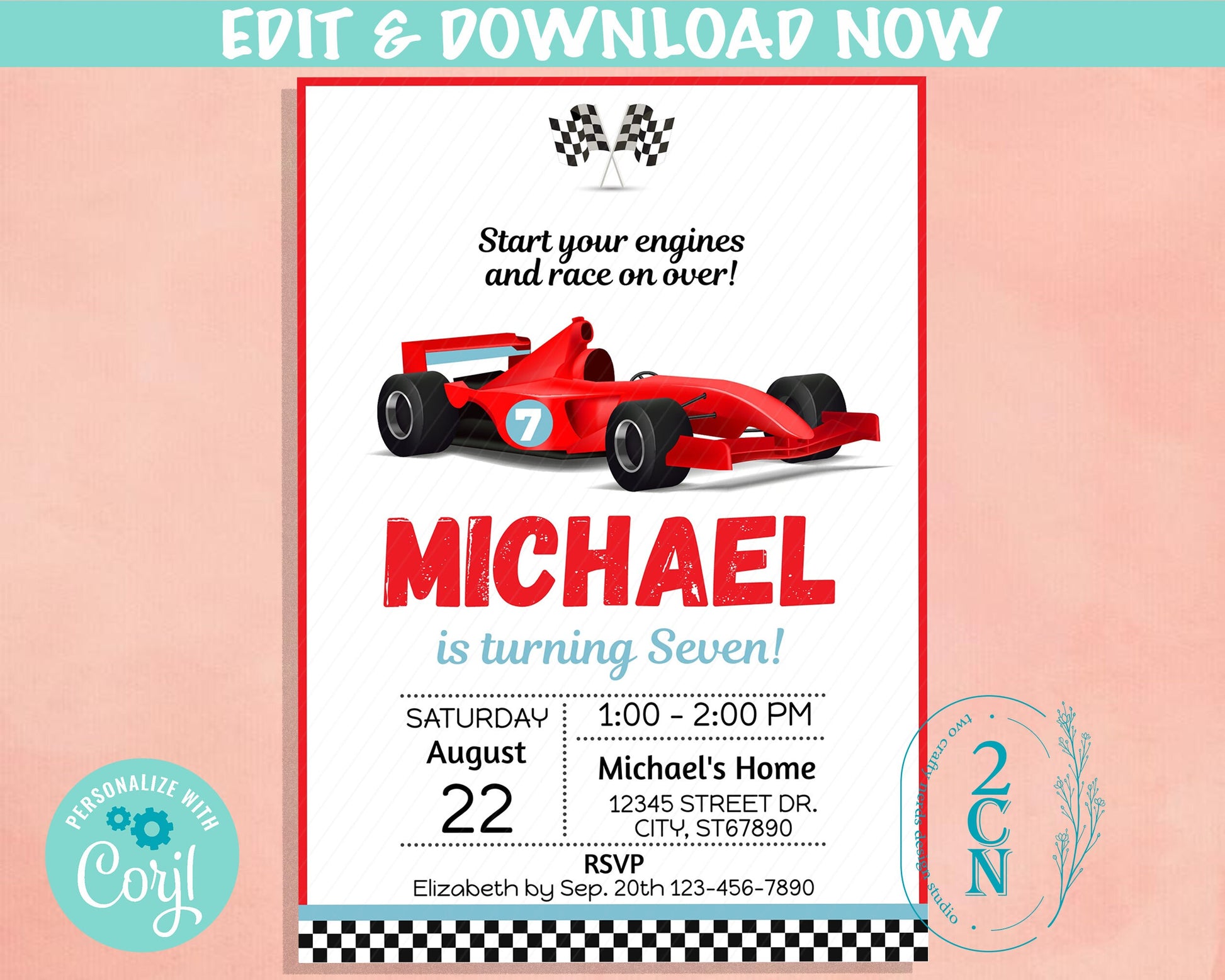 Race Car Birthday Invitation, Racing Car Invite, Race Car Party, Modern | Editable Instant Download | Edit Online NOW Corjl | INSTANT ACCESS