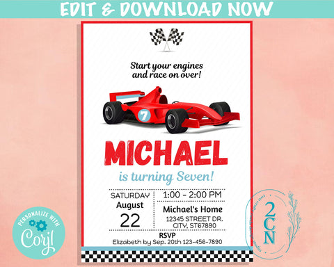 Race Car Birthday Invitation, Racing Car Invite, Race Car Party, Modern | Editable Instant Download | Edit Online NOW Corjl | INSTANT ACCESS