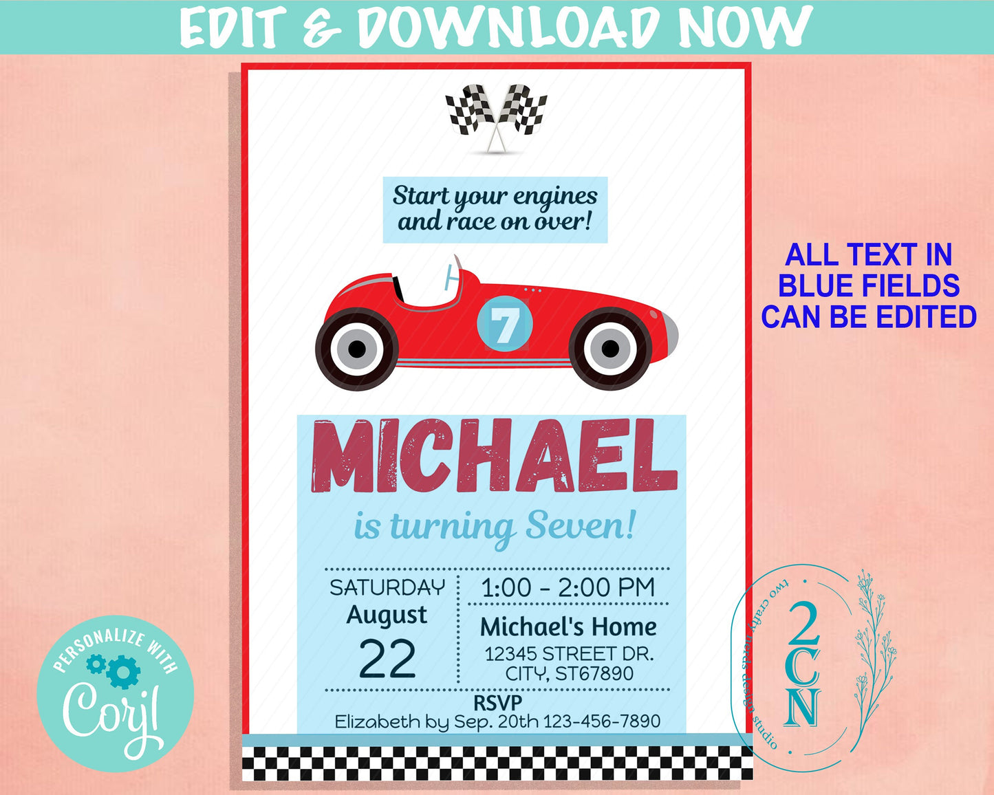Vintage Race Car Birthday Invitation, Racing Car Invite, Race Car Party | Editable Instant Download | Edit Online NOW Corjl | INSTANT ACCESS