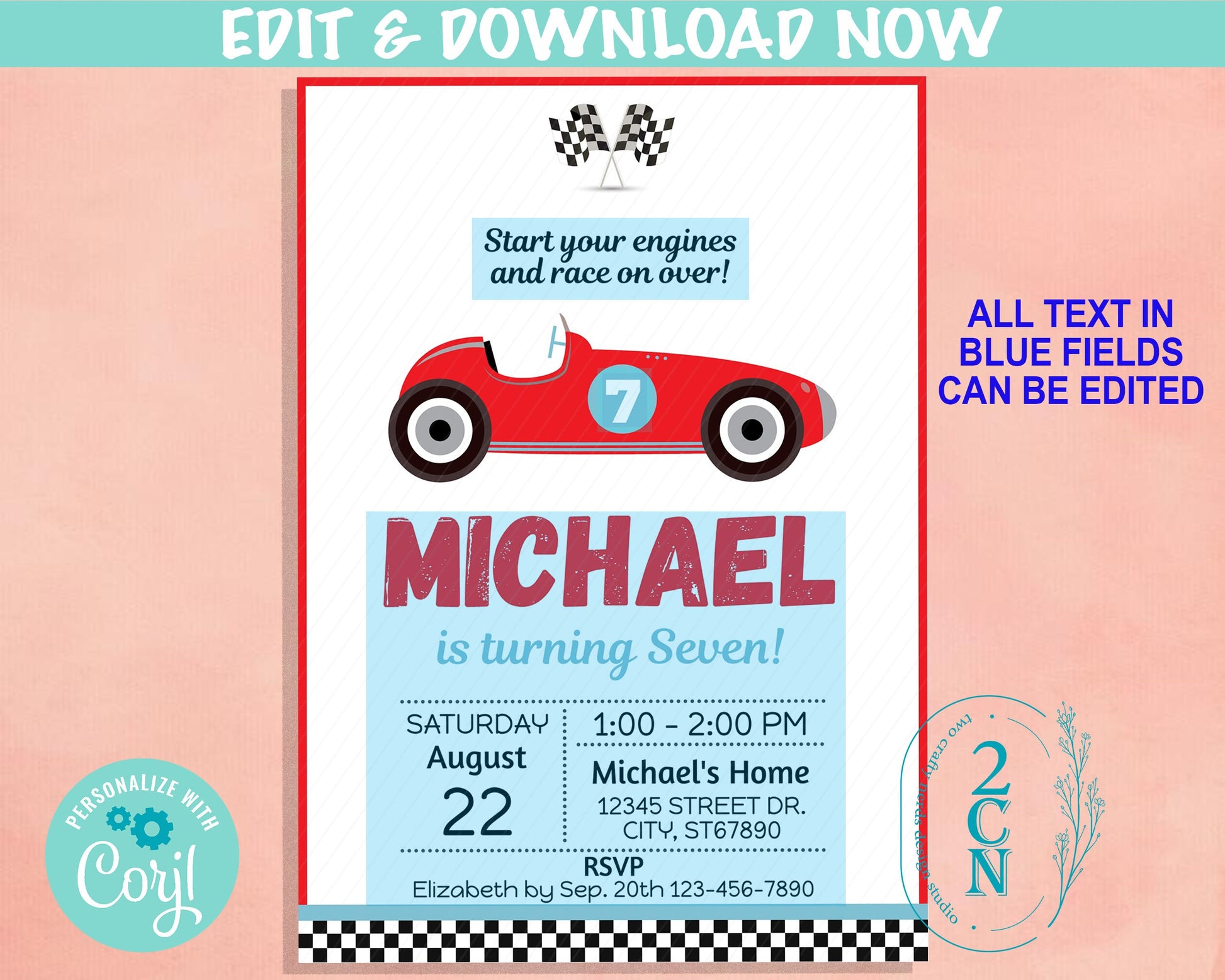 Vintage Race Car Birthday Invitation, Racing Car Invite, Race Car Party | Editable Instant Download | Edit Online NOW Corjl | INSTANT ACCESS