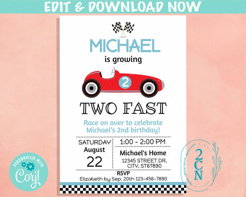 Two Fast Vintage Race Car Birthday Invitation, Retro Racing Car Invite | Editable Instant Download | Edit Online NOW Corjl | INSTANT ACCESS