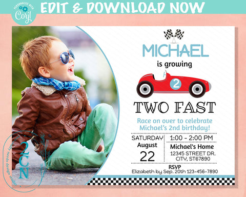 Two Fast Vintage Race Car Birthday Invitation With Photo, Retro Racing | Editable Instant Download | Edit Online NOW Corjl | INSTANT ACCESS