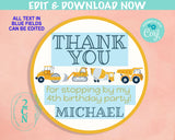 Construction Birthday Thank You Round Label, Yellow Truck Favor Label | Editable Instant Download | Edit Online NOW Corjl | INSTANT ACCESS