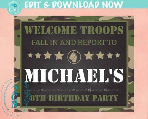 Army Welcome Birthday Sign, Army Birthday Board, Welcome Birthday Sign | Editable Instant Download | Edit Online NOW Corjl | INSTANT ACCESS