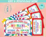 Carnival Ticket Birthday Invitation Rainbow, Circus invitation Rainbow | Editable Instant Download Edit Online NOW Corjl | INSTANT ACCESS