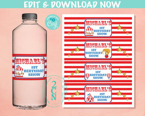 Circus Water Bottle Label, Carnival beverage label, Circus Party Decor | Editable Instant Download | Edit Online NOW Corjl | INSTANT ACCESS