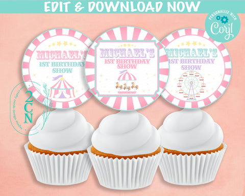 Circus Birthday Cupcake Topper Round Label, Carnival Circus Label Tag | Editable Instant Download | Edit Online NOW Corjl | INSTANT ACCESS