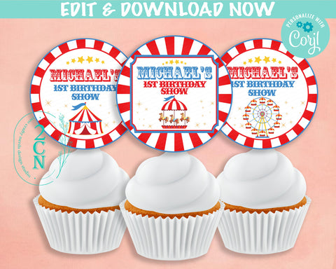 Circus Birthday Cupcake Topper Round Label, Carnival Circus Label Tag | Editable Instant Download | Edit Online NOW Corjl | INSTANT ACCESS