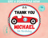 Retro Race Car Birthday Thank You Round Label, Vintage Racing Car Tag | Editable Instant Download | Edit Online NOW Corjl | INSTANT ACCESS