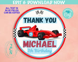 Race Car Birthday Thank You Round Label, Race Car Party Tag, Racing Car | Editable Instant Download | Edit Online NOW Corjl | INSTANT ACCESS