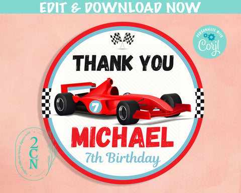 Race Car Birthday Thank You Round Label, Race Car Party Tag, Racing Car | Editable Instant Download | Edit Online NOW Corjl | INSTANT ACCESS