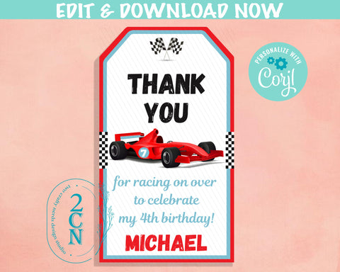 Race Car Birthday Thank You Round Tag, Race Car Party Tag, Racing Car | Editable Instant Download | Edit Online NOW Corjl | INSTANT ACCESS