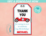 Retro Race Car Birthday Thank You Round Tag, Race Car Party Tag, Racing | Editable Instant Download | Edit Online NOW Corjl | INSTANT ACCESS