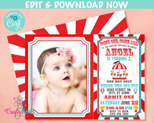 Carnival Ticket Birthday Invitation with photo, Circus invitation | Editable Instant Download | Edit Online NOW Corjl | INSTANT ACCESS