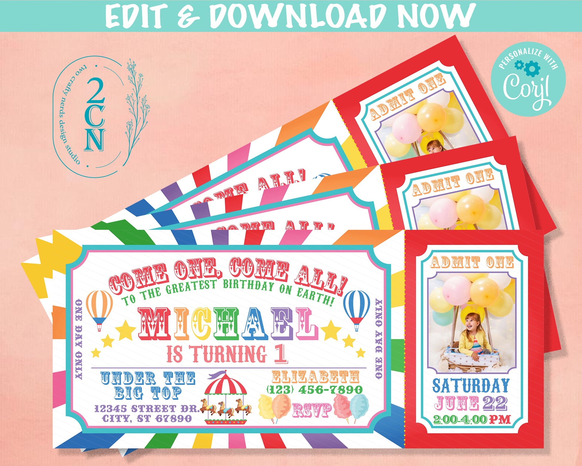 Carnival Circus Ticket Birthday Invitation With Picture, Rainbow invite | Editable Instant Download Edit Online NOW Corjl | INSTANT ACCESS