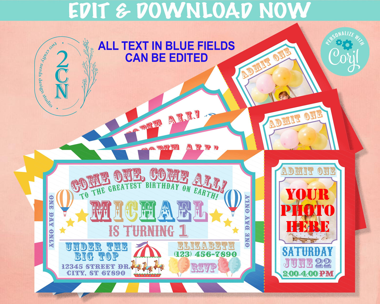 Carnival Circus Ticket Birthday Invitation With Picture, Rainbow invite | Editable Instant Download Edit Online NOW Corjl | INSTANT ACCESS