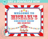 Carnival Circus Birthday Sign, Circus Birthday Welcome Sign Red Blue | Editable Instant Download | Edit Online NOW Corjl | INSTANT ACCESS