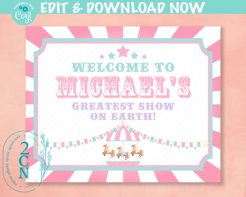 Carnival Circus Birthday Sign, Circus Birthday Welcome Sign Pastel Pink | Editable Instant Download | Edit Online NOW Corjl | INSTANT ACCESS