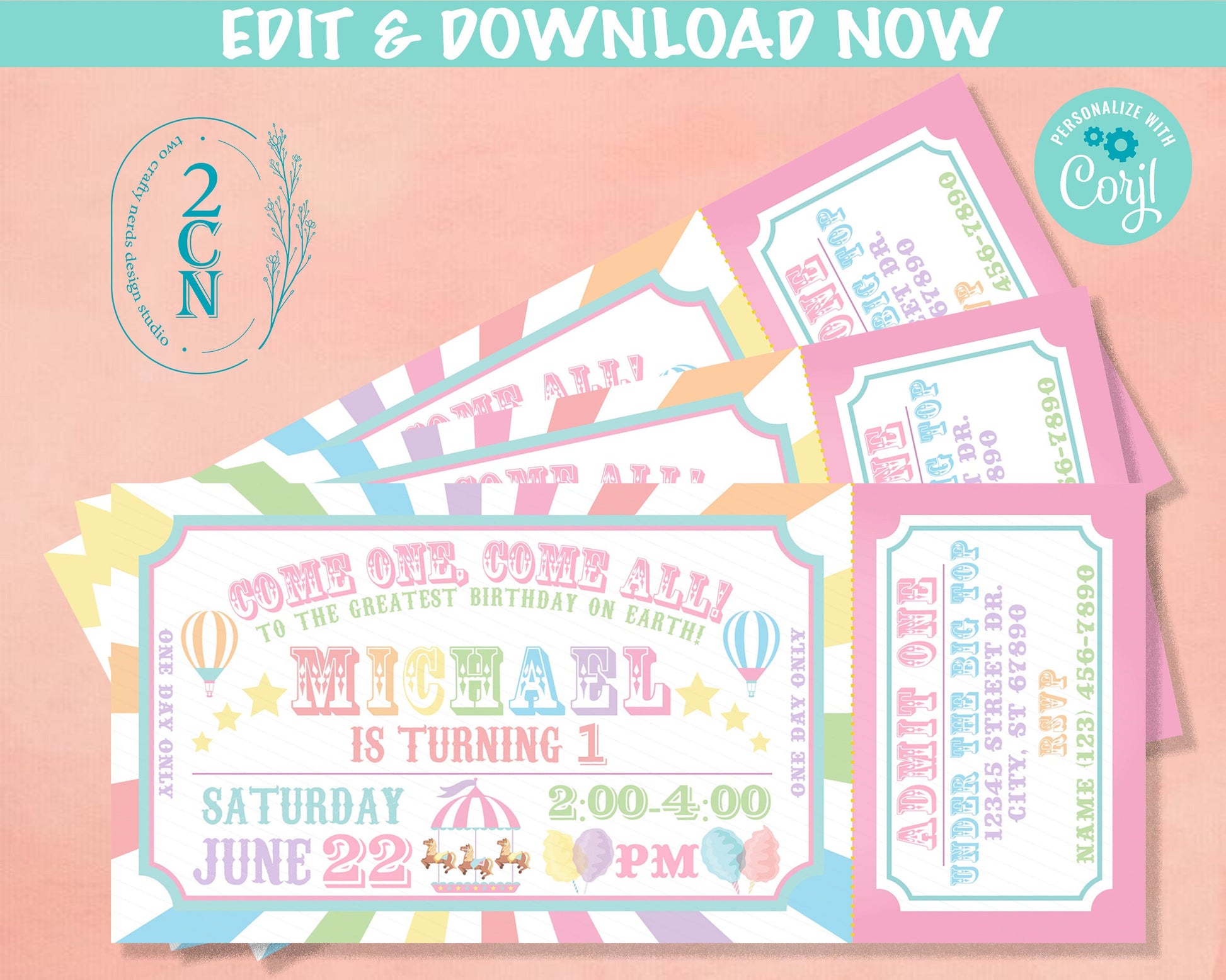 Carnival Ticket Birthday Invitation Pastel, Circus invitation Pastel | Editable Instant Download Edit Online NOW Corjl | INSTANT ACCESS