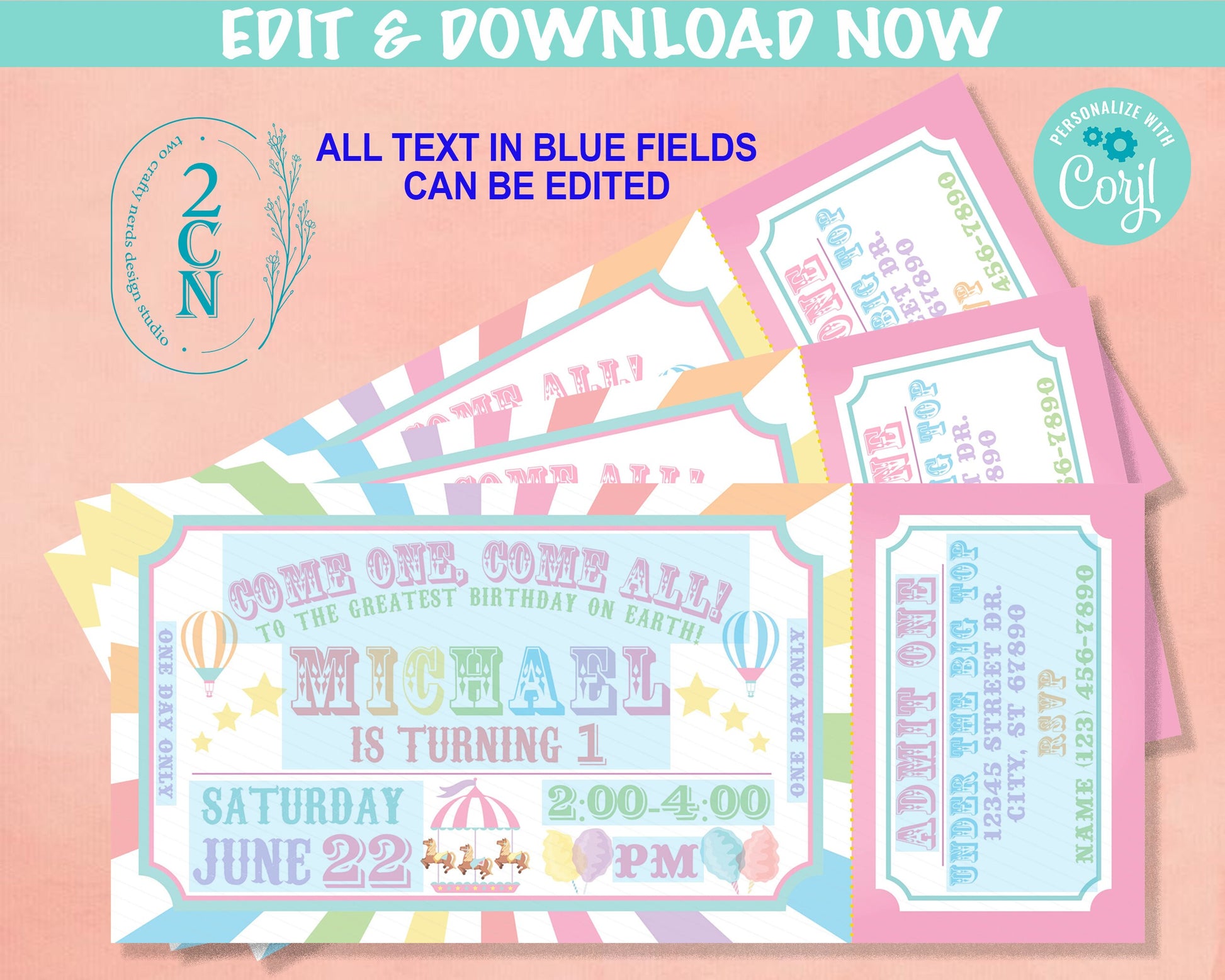Carnival Ticket Birthday Invitation Pastel, Circus invitation Pastel | Editable Instant Download Edit Online NOW Corjl | INSTANT ACCESS