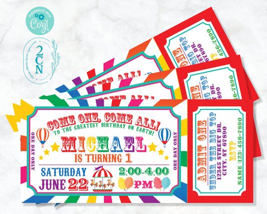 Carnival Ticket Birthday Invitation Rainbow, Circus invitation Rainbow | Editable Instant Download Edit Online NOW Corjl | INSTANT ACCESS