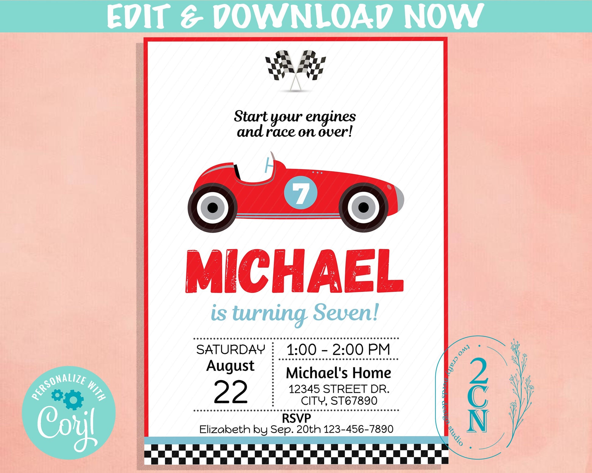 Vintage Race Car Birthday Invitation, Racing Car Invite, Race Car Party | Editable Instant Download | Edit Online NOW Corjl | INSTANT ACCESS