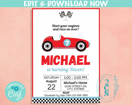 Vintage Race Car Birthday Invitation, Racing Car Invite, Race Car Party | Editable Instant Download | Edit Online NOW Corjl | INSTANT ACCESS