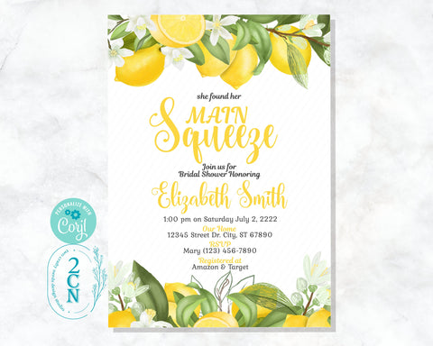 Main Squeeze Lemons Bridal Shower Invitation Lemons Party Leaves Bridal | Editable Instant Download | Edit Online NOW Corjl | INSTANT ACCESS