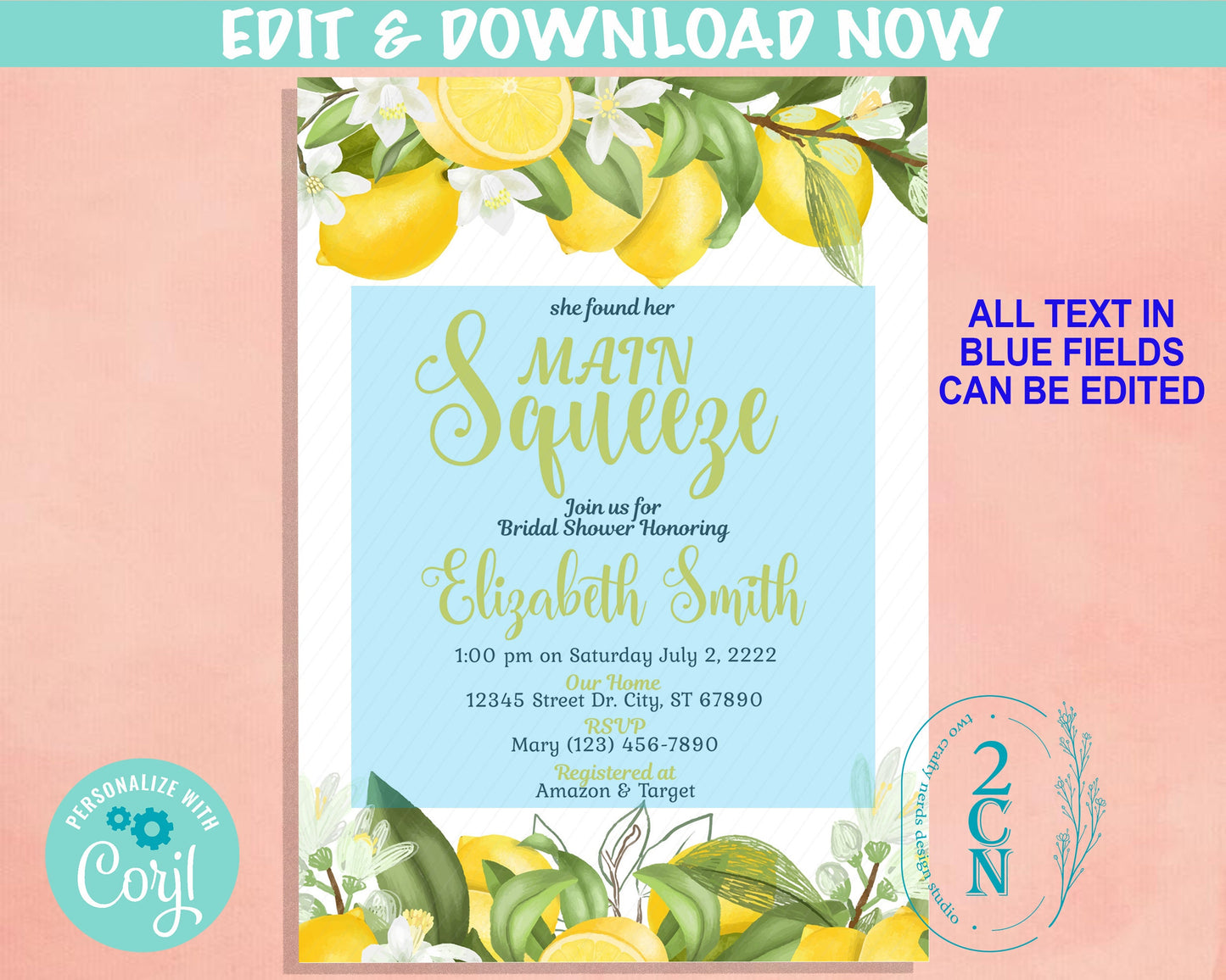 Main Squeeze Lemons Bridal Shower Invitation Lemons Party Leaves Bridal | Editable Instant Download | Edit Online NOW Corjl | INSTANT ACCESS