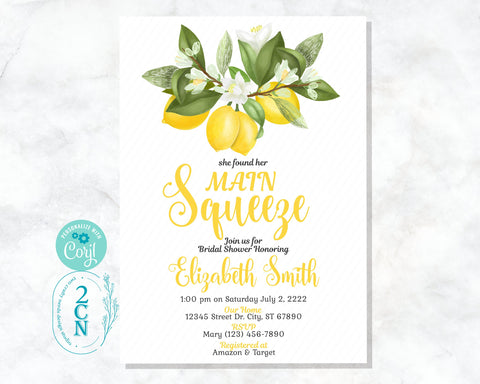 Main Squeeze Lemons Bridal Shower Invitation Lemons Party Leaves Bridal | Editable Instant Download | Edit Online NOW Corjl | INSTANT ACCESS