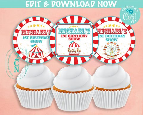 Circus Birthday Cupcake Topper Round Label, Carnival Circus Label Tag | Editable Instant Download | Edit Online NOW Corjl | INSTANT ACCESS