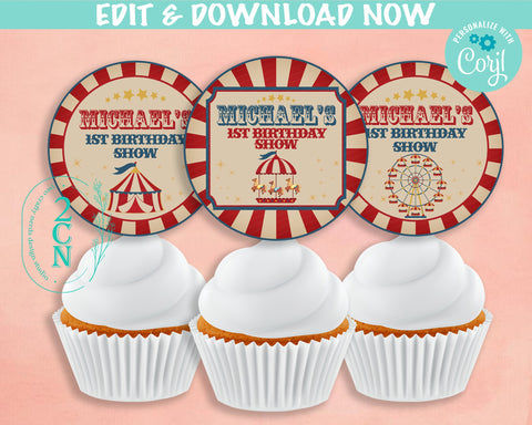 Circus Birthday Cupcake Topper Round Label, Carnival Circus Label Tag | Editable Instant Download | Edit Online NOW Corjl | INSTANT ACCESS