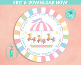 Circus Birthday Thank You Round Label, Carnival Rainbow, Circus Label | Editable Instant Download | Edit Online NOW Corjl | INSTANT ACCESS