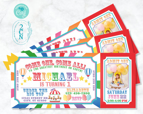 Carnival Circus Ticket Birthday Invitation With Picture, Rainbow invite | Editable Instant Download Edit Online NOW Corjl | INSTANT ACCESS