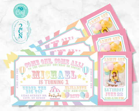 Carnival Ticket Birthday Invitation With Photo, Circus invitation Pastel | Editable Instant Download Edit Online NOW Corjl | INSTANT ACCESS