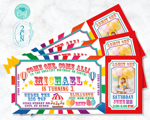 Carnival Circus Ticket Birthday Invitation With Picture, Rainbow invite | Editable Instant Download Edit Online NOW Corjl | INSTANT ACCESS