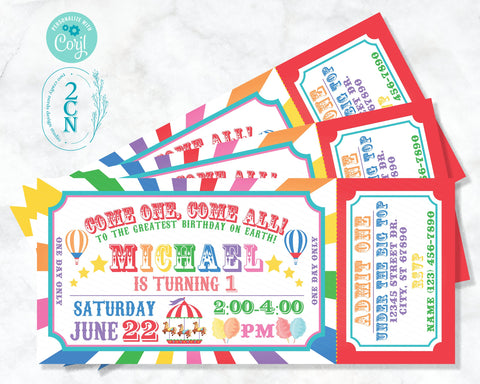 Carnival Ticket Birthday Invitation Rainbow, Circus invitation Rainbow | Editable Instant Download Edit Online NOW Corjl | INSTANT ACCESS