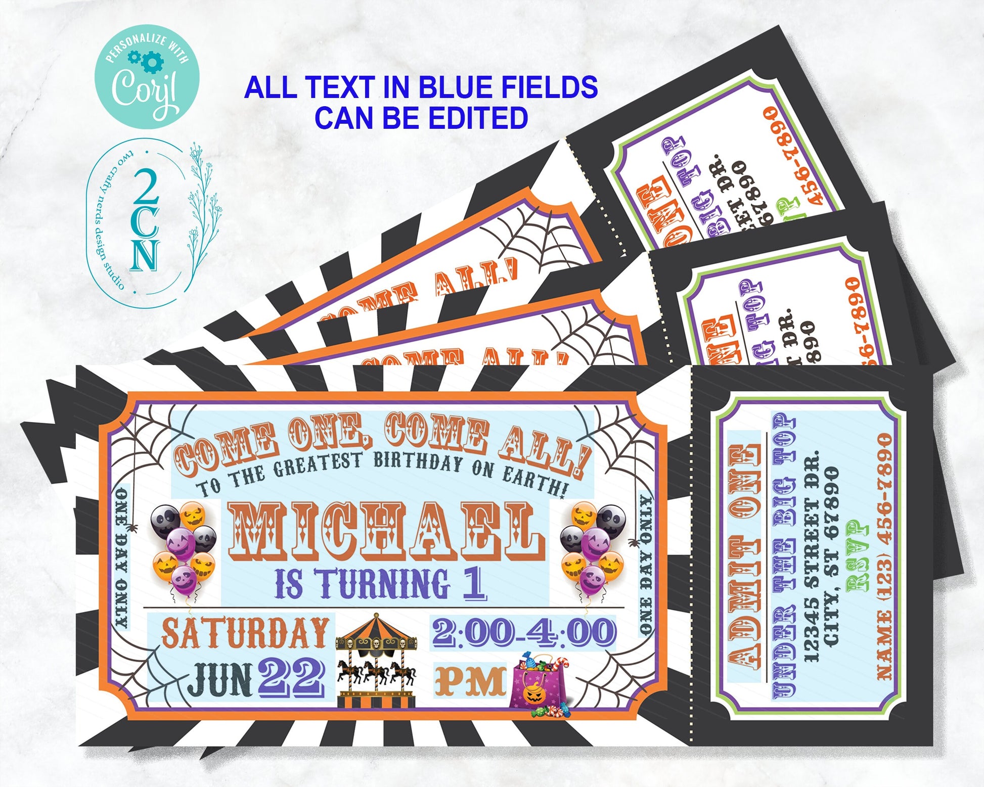 Carnival Halloween Ticket Birthday Invitation, Circus Spooky invitation | Editable Instant Download Edit Online NOW Corjl | INSTANT ACCESS