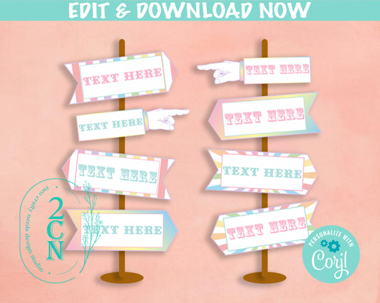 Carnival Circus Arrow Sign, Circus Birthday Arrow Sign, Pastel Rainbow | Editable Instant Download | Edit Online NOW Corjl | INSTANT ACCESS